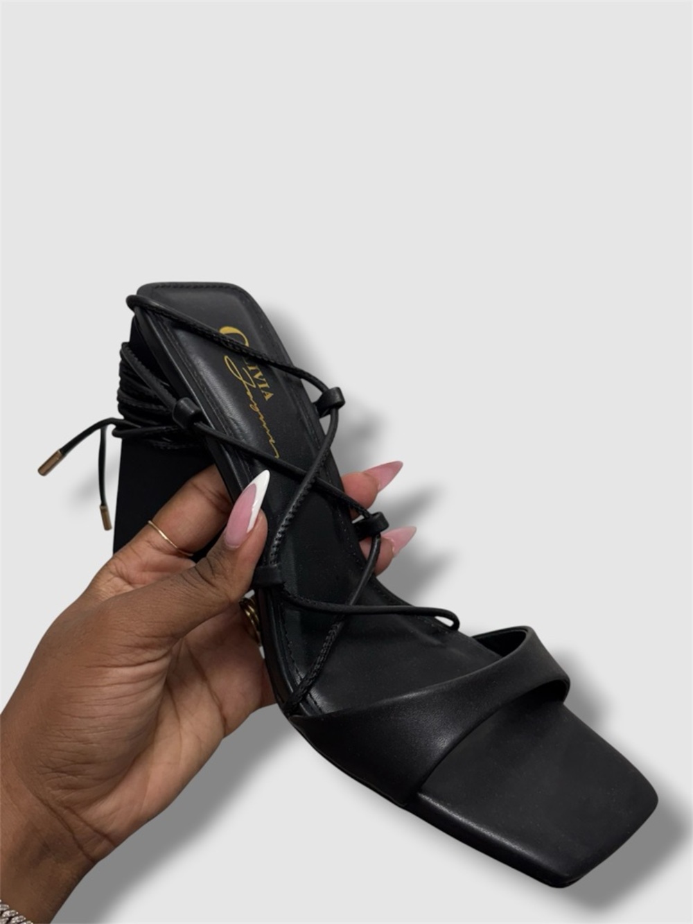 Black Lace-Up Strappy Block Heels - 9 - Picture 3 of 4